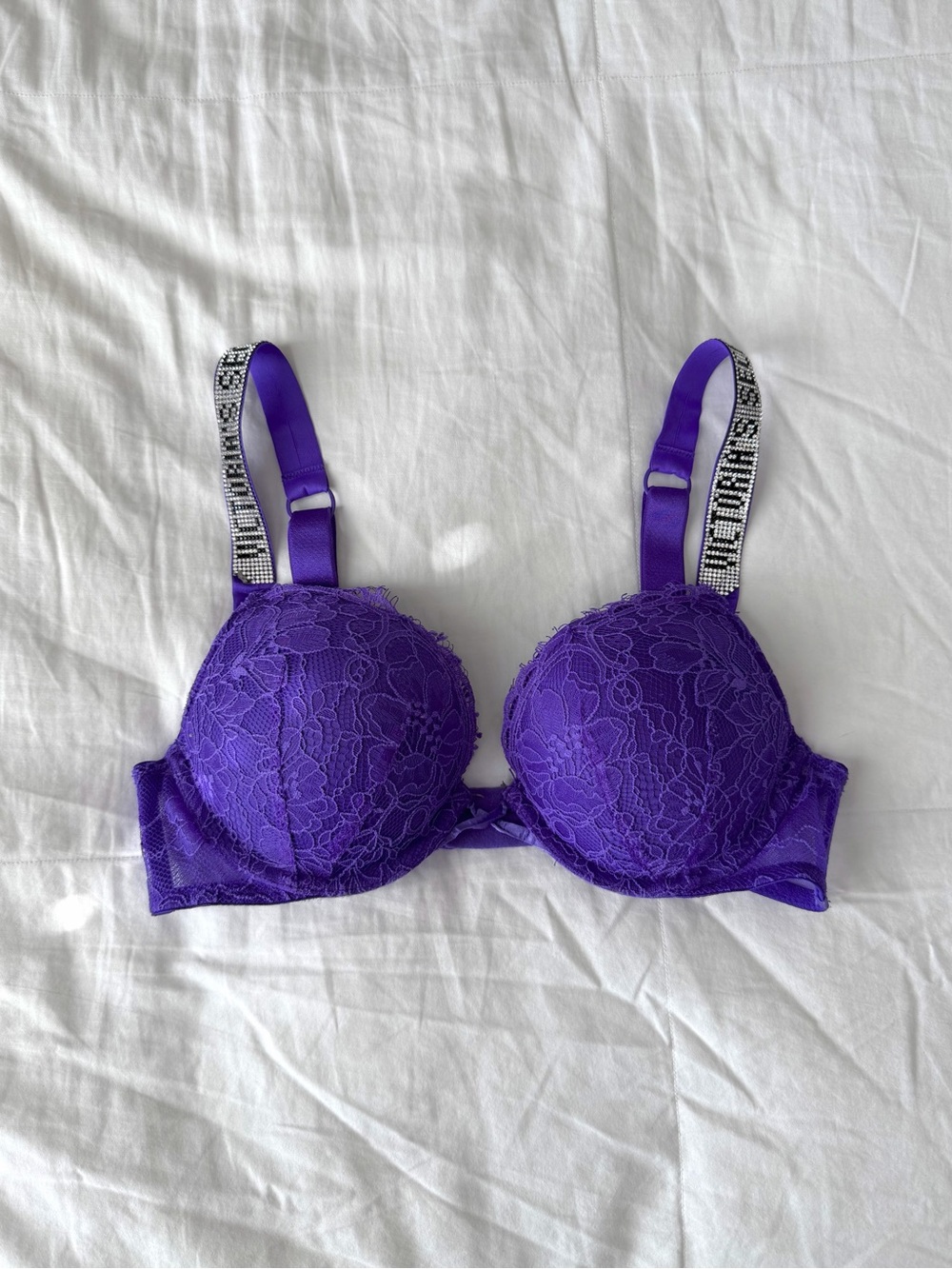 Purple Floral Lace Victoria’s Secret Rhinestone Strap Bra 34A
